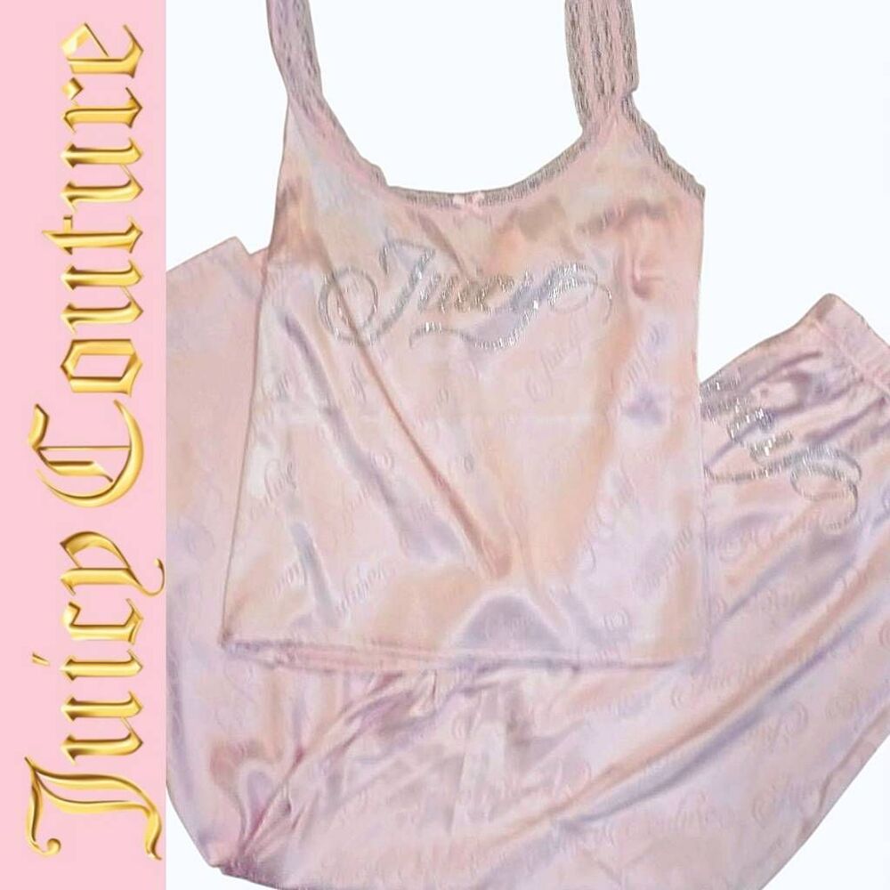 Juicy Couture Rhinestone & Logo Embossed Satin Sleepwear Set‎